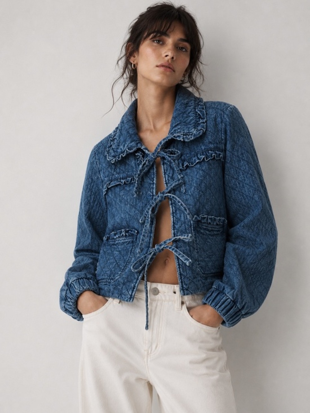 NWT avec les filles boxy denim quilted bow tie jacket M